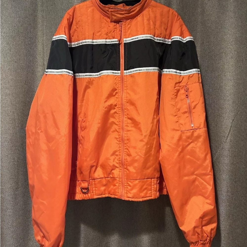 USA Biker Design Coat Men’s XL Orange W/Reflective Stripe, 3 Zipper Pockets